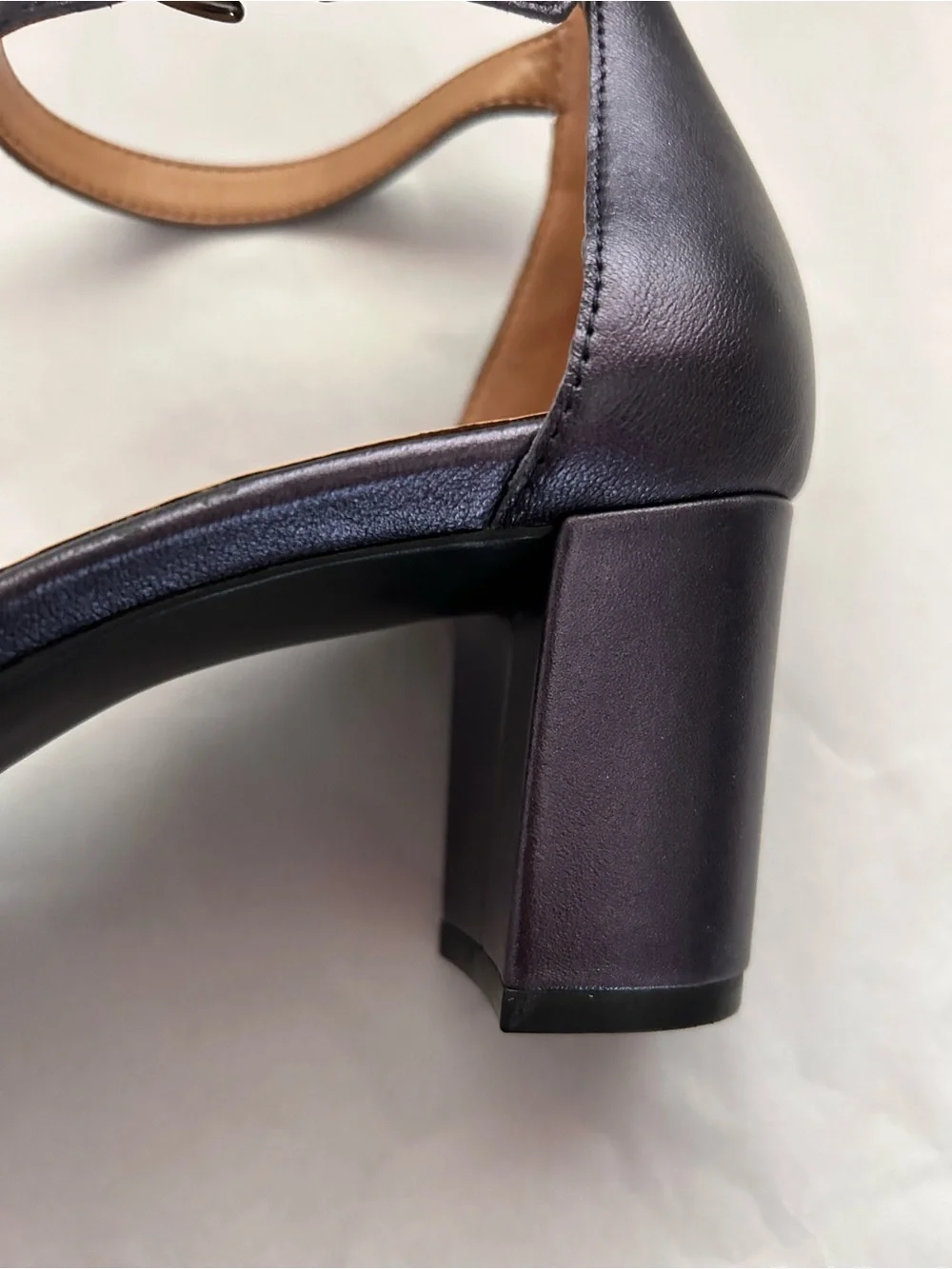 Naturalizer, 2 1/2” heel sandal, navy blue genuine leather, ankle strap, 9 1/2 .